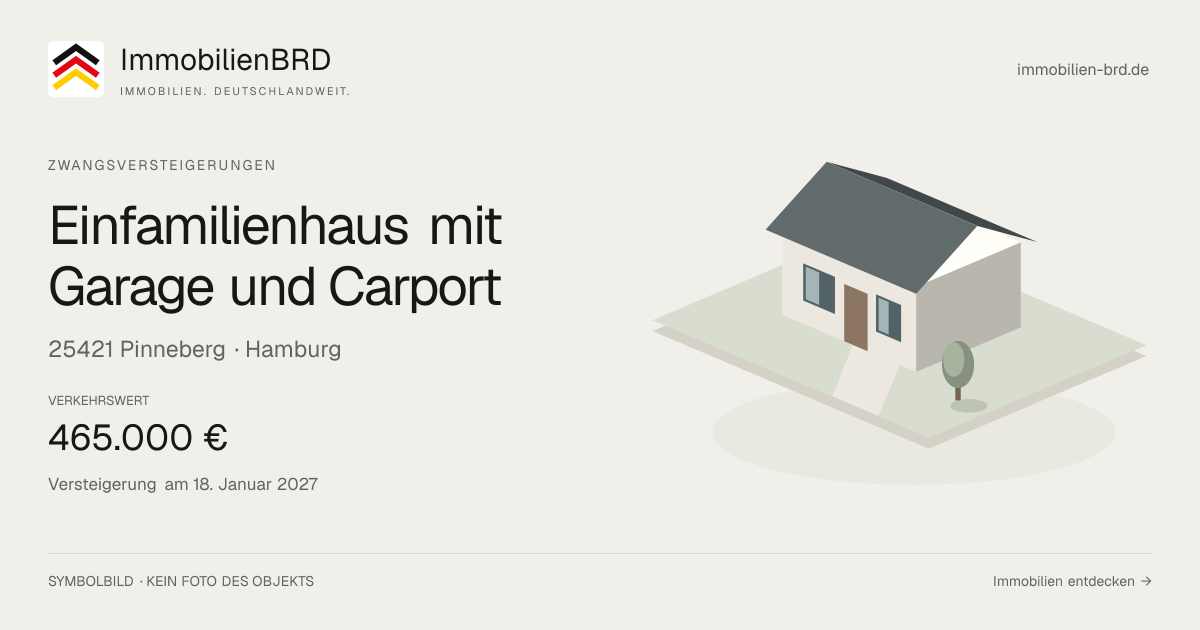 Symbolbild: Einfamilienhaus mit Garage und Carport in Pinneberg — Zwangsversteigerung, kein Foto des Objekts