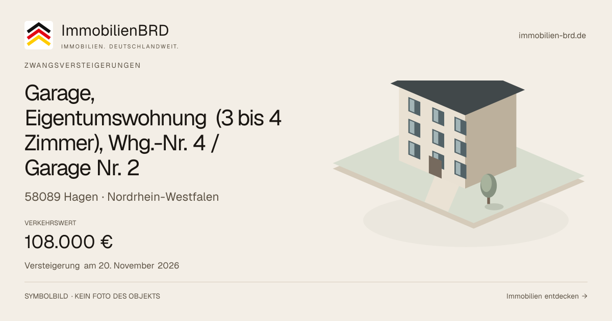 Symbolbild: Garage, Eigentumswohnung (3 bis 4 Zimmer), Whg.-Nr. 4 / Garage Nr. 2 in Hagen — Zwangsversteigerung, kein Foto des Objekts