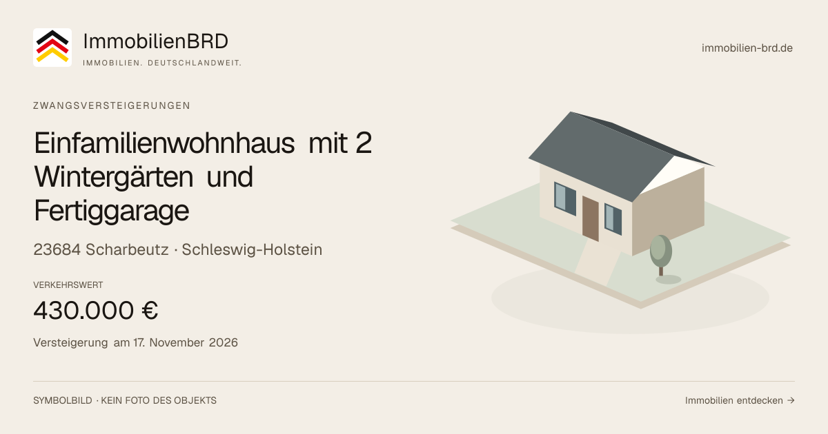 Symbolbild: Einfamilienwohnhaus mit 2 Wintergärten und Fertiggarage in Scharbeutz — Zwangsversteigerung, kein Foto des Objekts