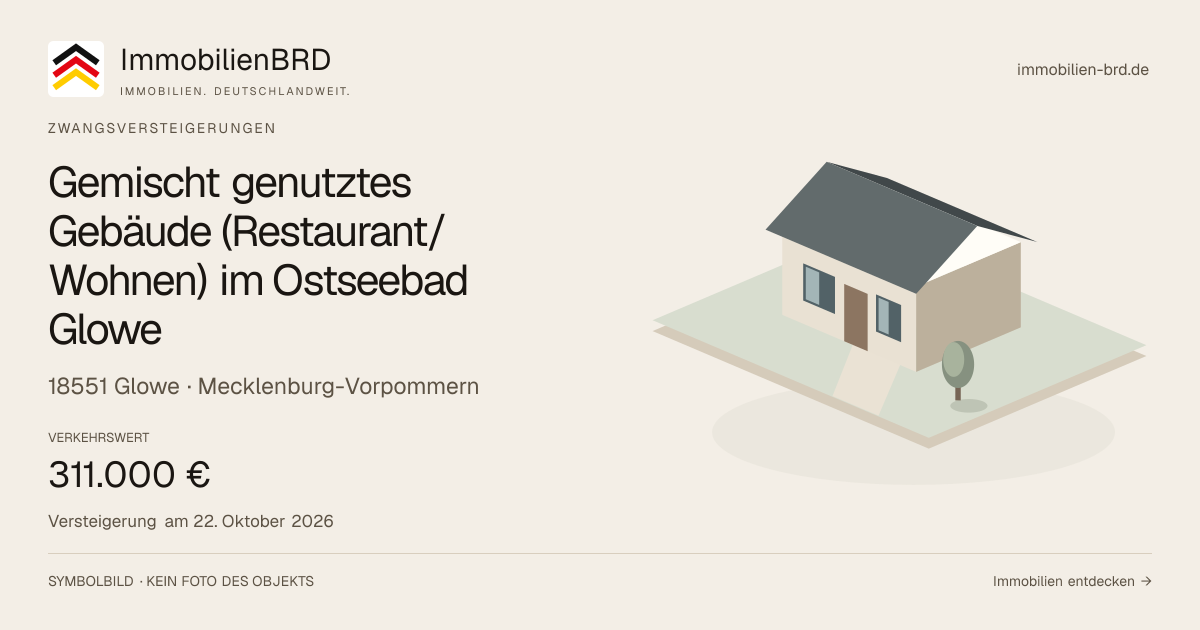 Symbolbild: Gemischt genutztes Gebäude (Restaurant/Wohnen) im Ostseebad Glowe in Glowe — Zwangsversteigerung, kein Foto des Objekts