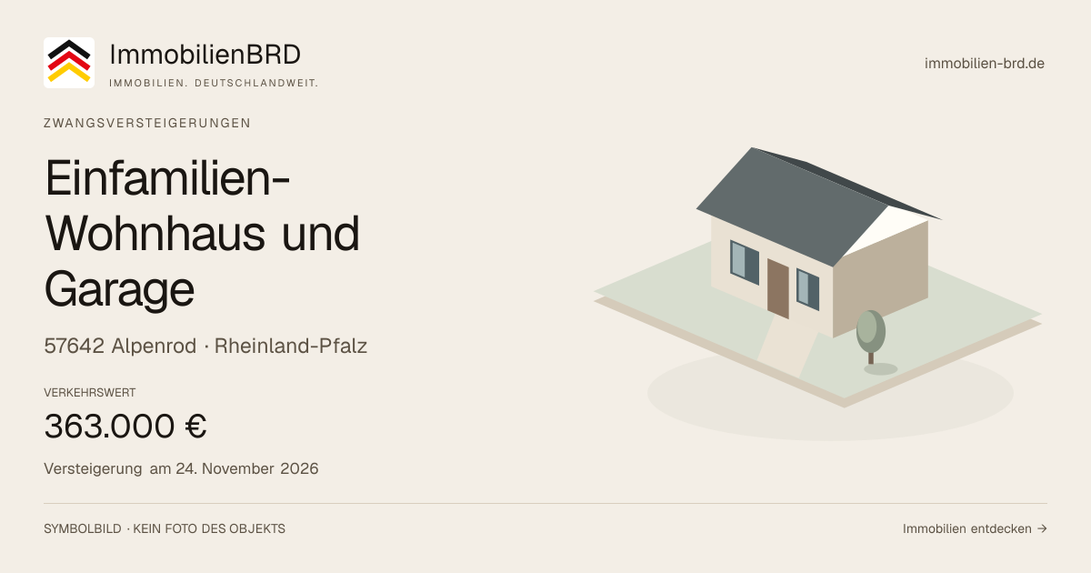 Symbolbild: Einfamilien-Wohnhaus und Garage in Alpenrod — Zwangsversteigerung, kein Foto des Objekts