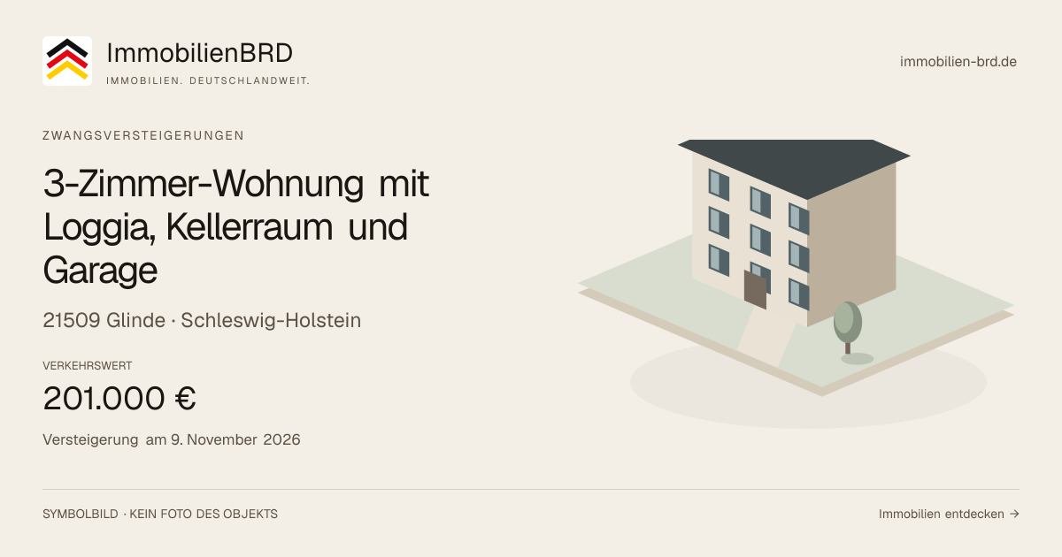 Symbolbild: 3-Zimmer-Wohnung mit Loggia, Kellerraum und Garage in Glinde — Zwangsversteigerung, kein Foto des Objekts