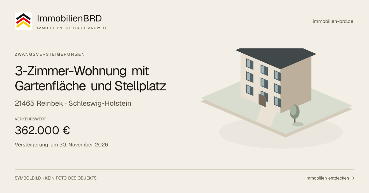 Symbolbild: 3-Zimmer-Wohnung mit Gartenfläche und Stellplatz in Reinbek — Zwangsversteigerung, kein Foto des Objekts