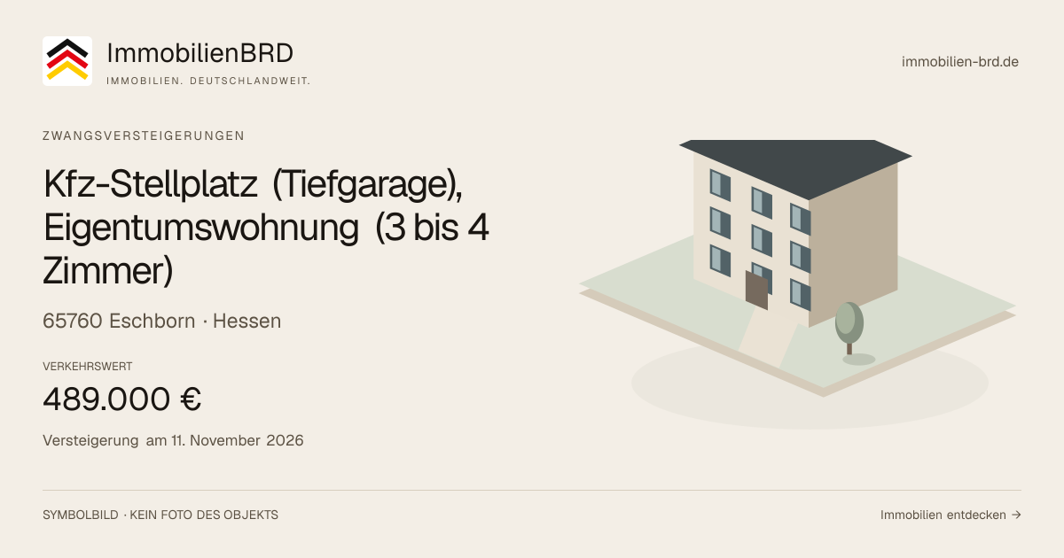 Symbolbild: Kfz-Stellplatz (Tiefgarage), Eigentumswohnung (3 bis 4 Zimmer) in Eschborn — Zwangsversteigerung, kein Foto des Objekts