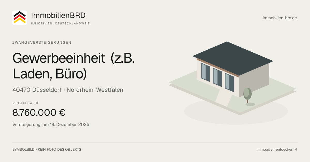 Symbolbild: Gewerbeeinheit (z.B. Laden, Büro) in Düsseldorf — Zwangsversteigerung, kein Foto des Objekts
