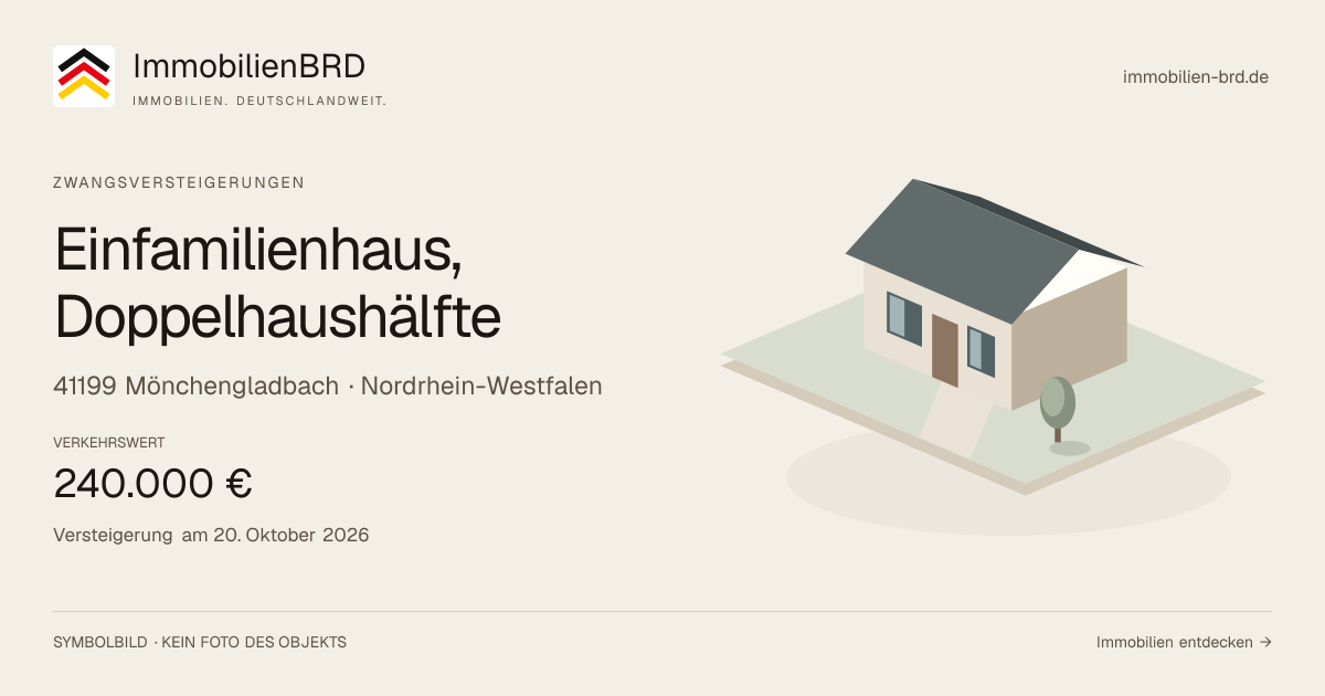 Symbolbild: Einfamilienhaus, Doppelhaushälfte in Mönchengladbach — Zwangsversteigerung, kein Foto des Objekts