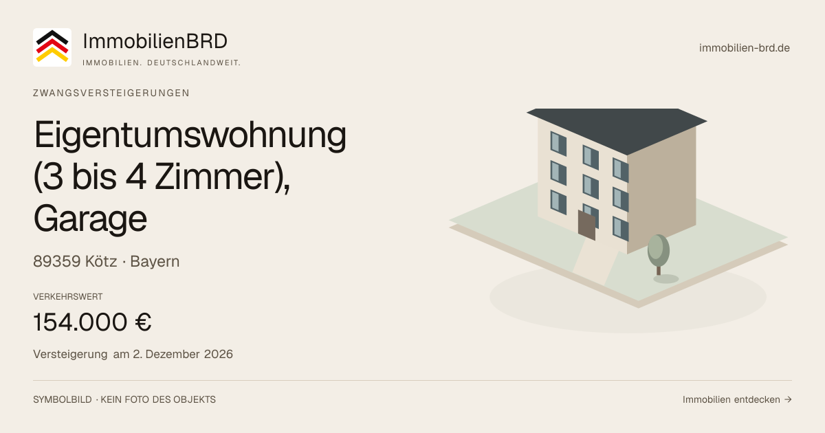 Symbolbild: Eigentumswohnung (3 bis 4 Zimmer), Garage in Kötz — Zwangsversteigerung, kein Foto des Objekts