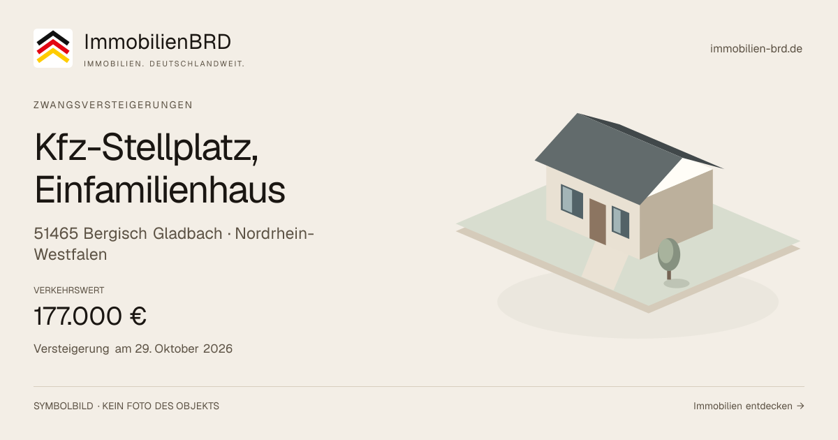 Symbolbild: Kfz-Stellplatz, Einfamilienhaus in Bergisch Gladbach — Zwangsversteigerung, kein Foto des Objekts