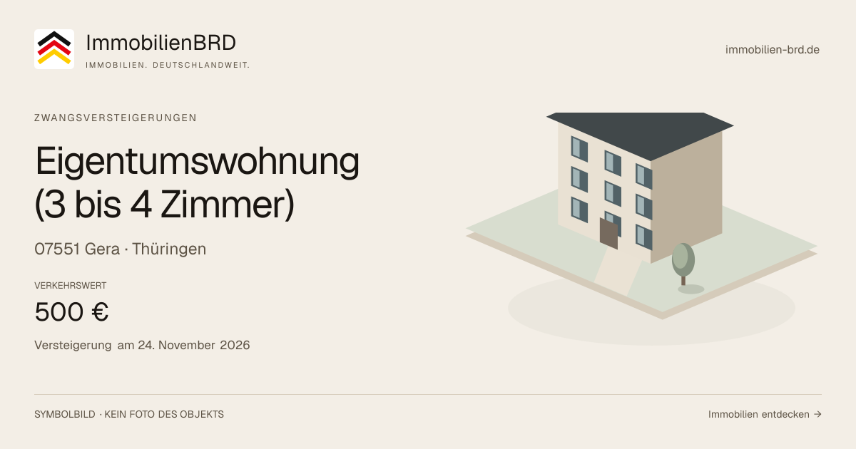 Symbolbild: Eigentumswohnung (3 bis 4 Zimmer) in Gera — Zwangsversteigerung, kein Foto des Objekts