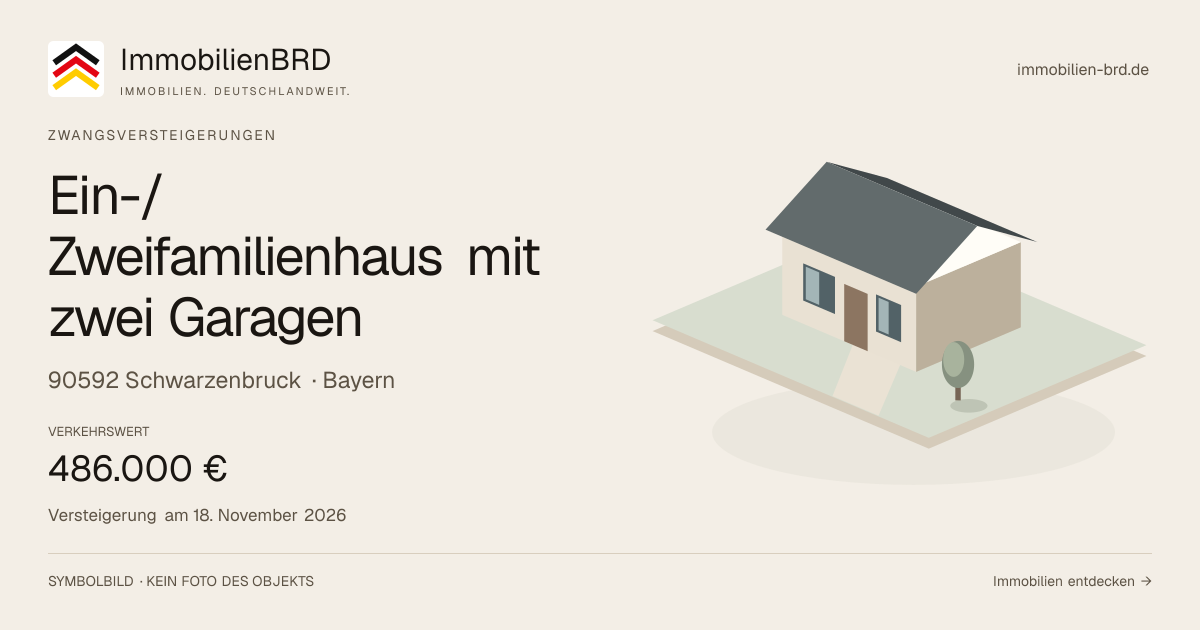 Symbolbild: Ein-/Zweifamilienhaus mit zwei Garagen in Schwarzenbruck — Zwangsversteigerung, kein Foto des Objekts