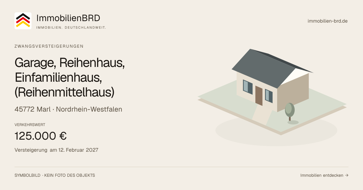 Symbolbild: Garage, Reihenhaus, Einfamilienhaus, (Reihenmittelhaus) in Marl — Zwangsversteigerung, kein Foto des Objekts