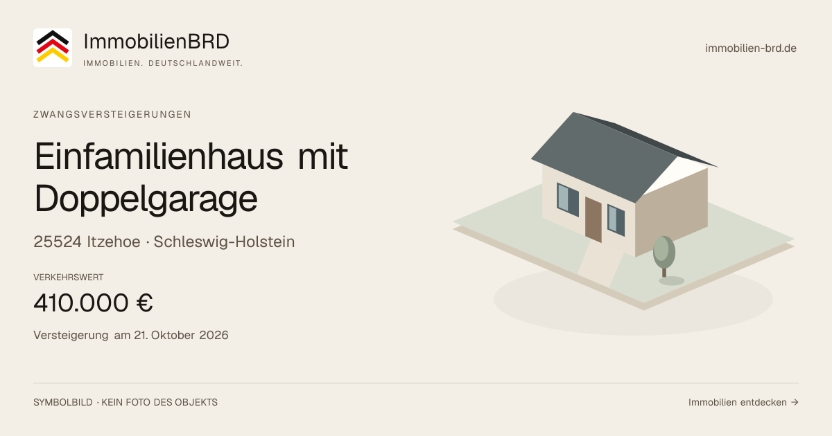 Symbolbild: Einfamilienhaus mit Doppelgarage in Itzehoe — Zwangsversteigerung, kein Foto des Objekts
