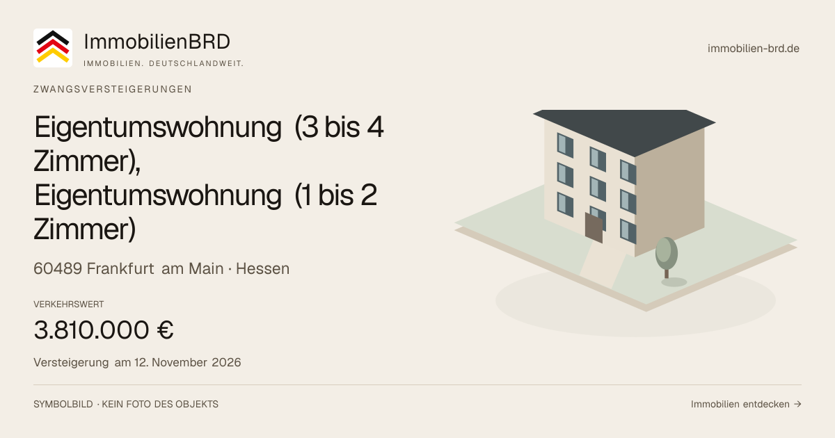 Symbolbild: Eigentumswohnung (3 bis 4 Zimmer), Eigentumswohnung (1 bis 2 Zimmer) in Frankfurt am Main — Zwangsversteigerung, kein Foto des Objekts