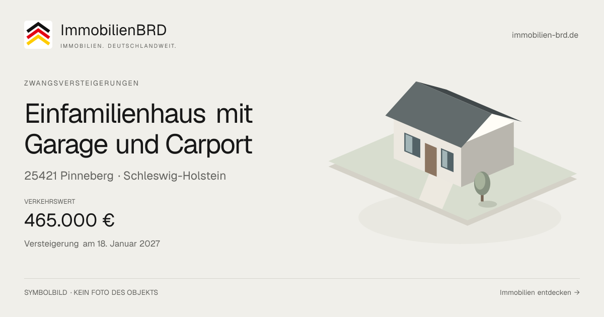 Symbolbild: Einfamilienhaus mit Garage und Carport in Pinneberg — Zwangsversteigerung, kein Foto des Objekts