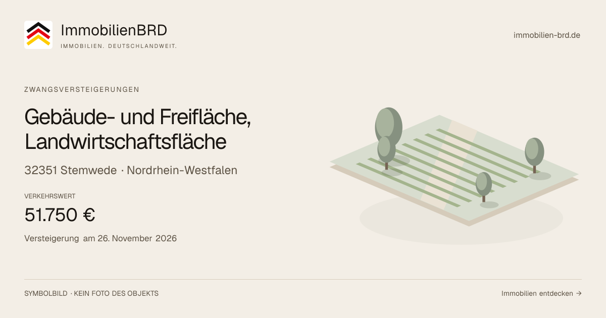 Symbolbild: Gebäude- und Freifläche, Landwirtschaftsfläche in Stemwede — Zwangsversteigerung, kein Foto des Objekts