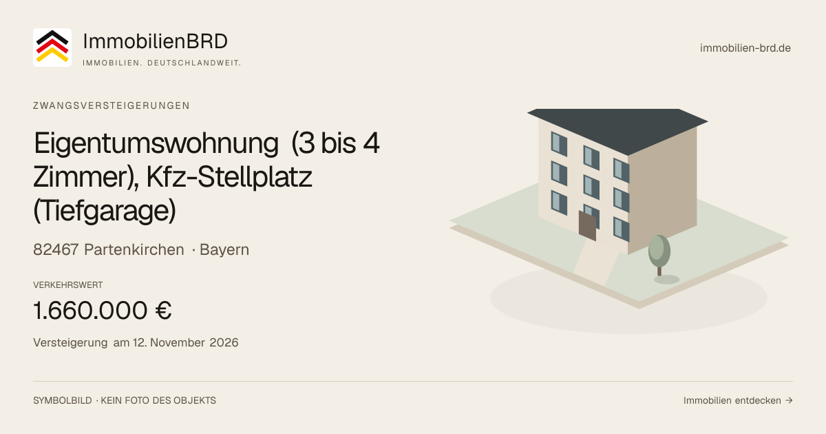 Symbolbild: Eigentumswohnung (3 bis 4 Zimmer), Kfz-Stellplatz (Tiefgarage) in Partenkirchen — Zwangsversteigerung, kein Foto des Objekts