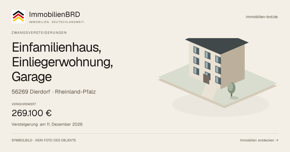 Symbolbild: Einfamilienhaus, Einliegerwohnung, Garage in Dierdorf — Zwangsversteigerung, kein Foto des Objekts