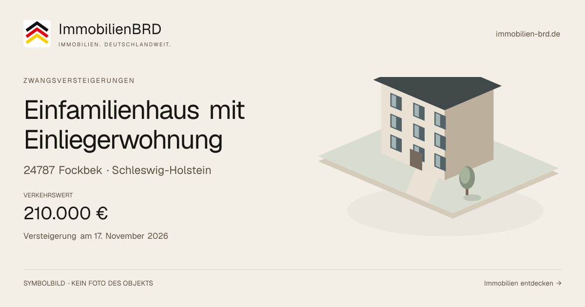 Symbolbild: Einfamilienhaus mit Einliegerwohnung in Fockbek — Zwangsversteigerung, kein Foto des Objekts