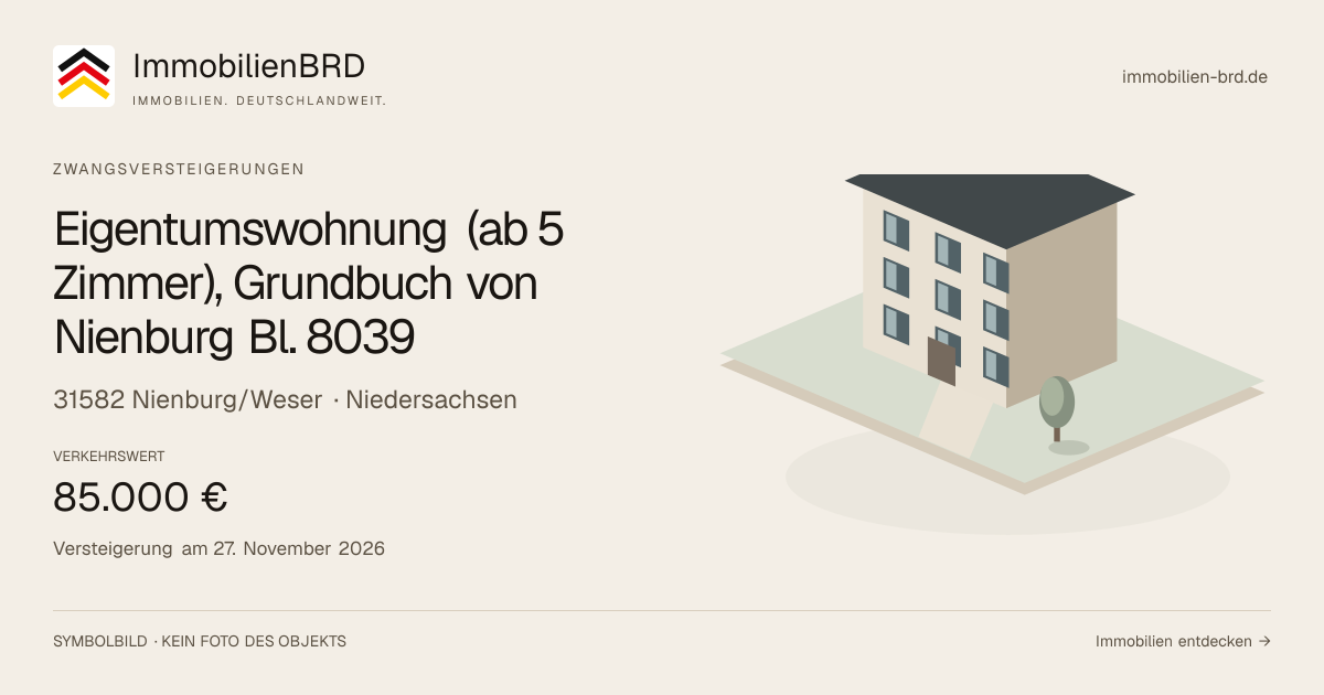 Symbolbild: Eigentumswohnung (ab 5 Zimmer), Grundbuch von Nienburg Bl. 8039 in Nienburg/Weser — Zwangsversteigerung, kein Foto des Objekts