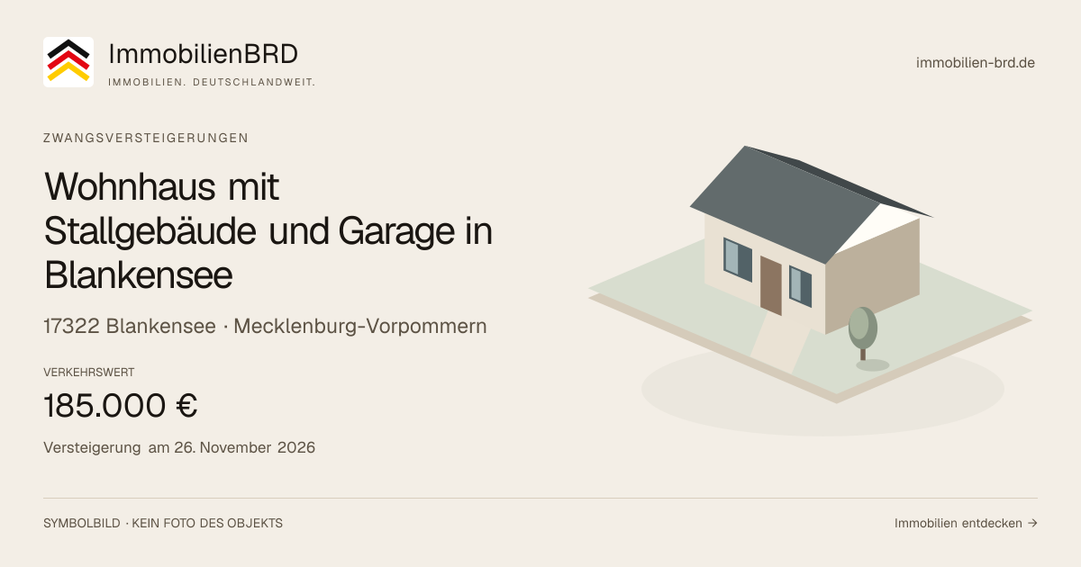 Symbolbild: Wohnhaus mit Stallgebäude und Garage in Blankensee in Blankensee — Zwangsversteigerung, kein Foto des Objekts