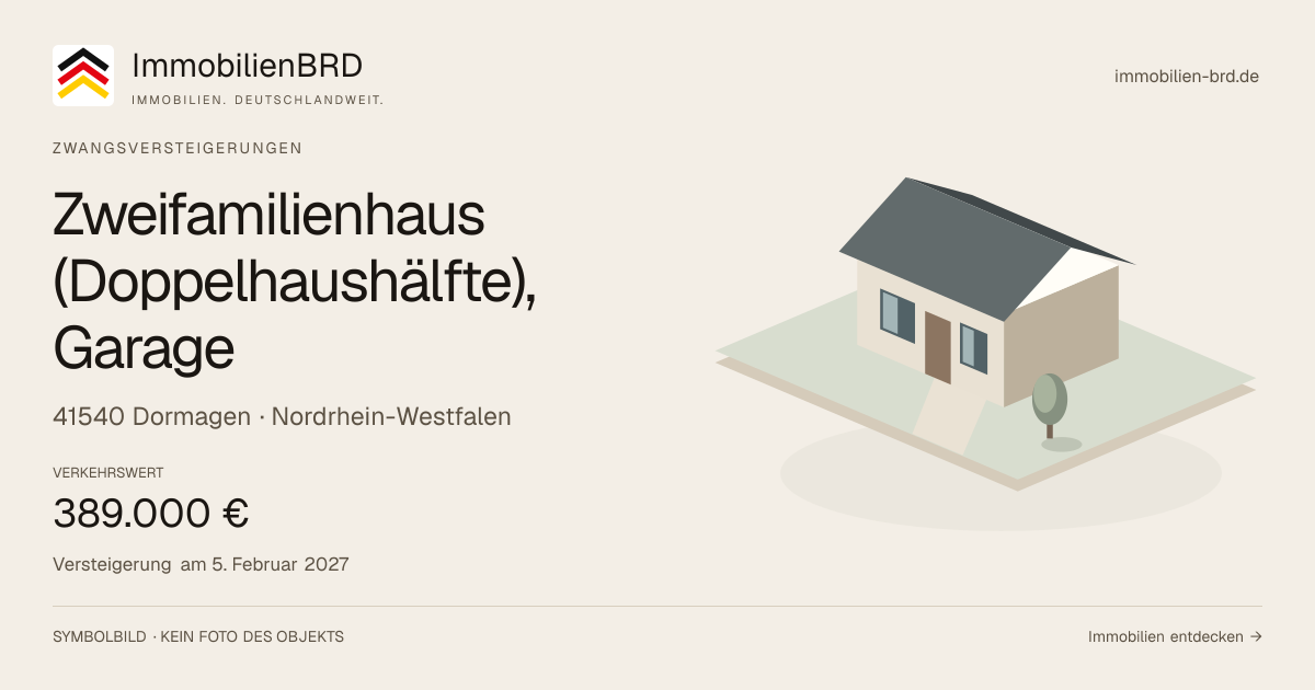 Symbolbild: Zweifamilienhaus (Doppelhaushälfte), Garage in Dormagen — Zwangsversteigerung, kein Foto des Objekts