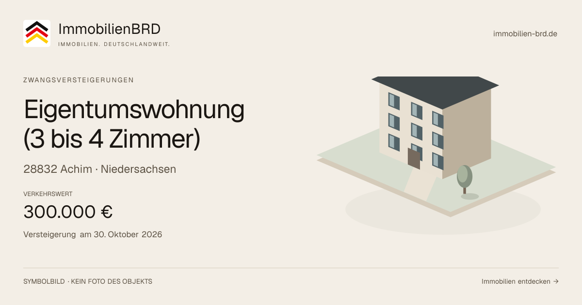 Symbolbild: Eigentumswohnung (3 bis 4 Zimmer) in Achim — Zwangsversteigerung, kein Foto des Objekts