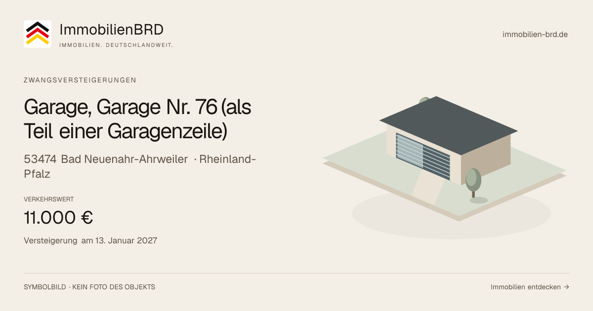 Symbolbild: Garage, Garage Nr. 76 (als Teil einer Garagenzeile) in Bad Neuenahr-Ahrweiler — Zwangsversteigerung, kein Foto des Objekts