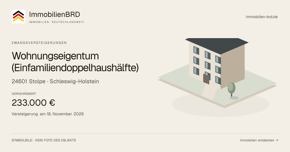 Symbolbild: Wohnungseigentum (Einfamiliendoppelhaushälfte) in Stolpe — Zwangsversteigerung, kein Foto des Objekts