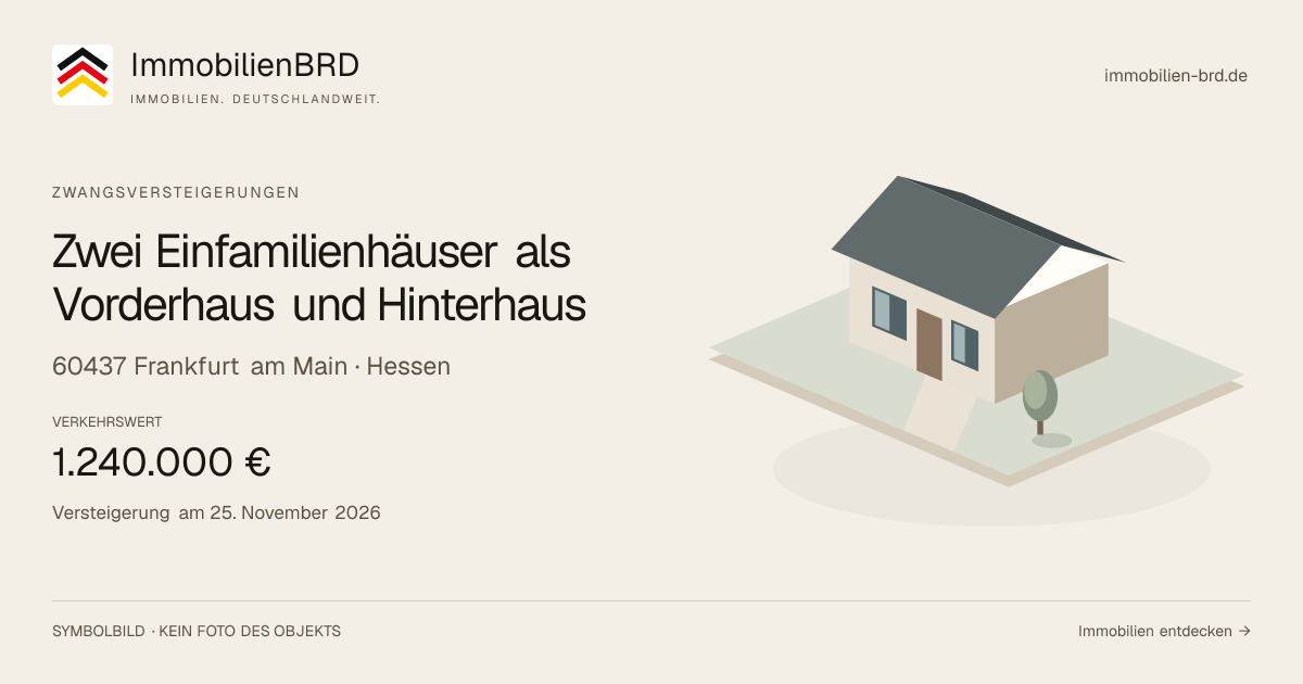 Symbolbild: Zwei Einfamilienhäuser als Vorderhaus und Hinterhaus in Frankfurt am Main — Zwangsversteigerung, kein Foto des Objekts