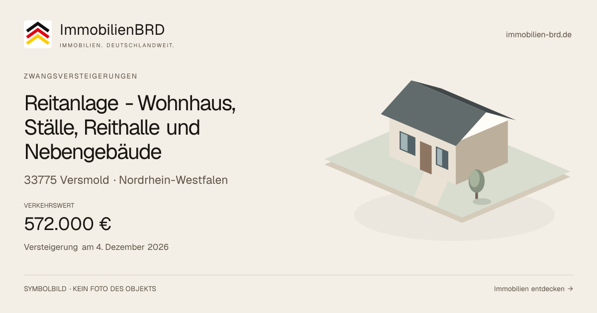 Symbolbild: Reitanlage - Wohnhaus, Ställe, Reithalle und Nebengebäude in Versmold — Zwangsversteigerung, kein Foto des Objekts