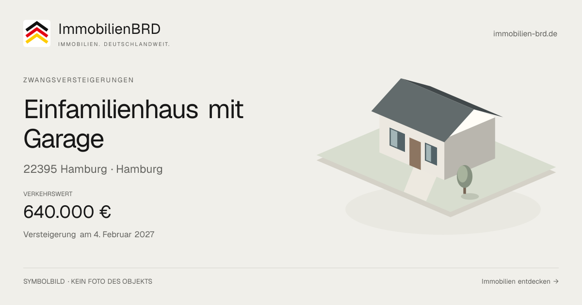 Symbolbild: Einfamilienhaus mit Garage in Hamburg — Zwangsversteigerung, kein Foto des Objekts