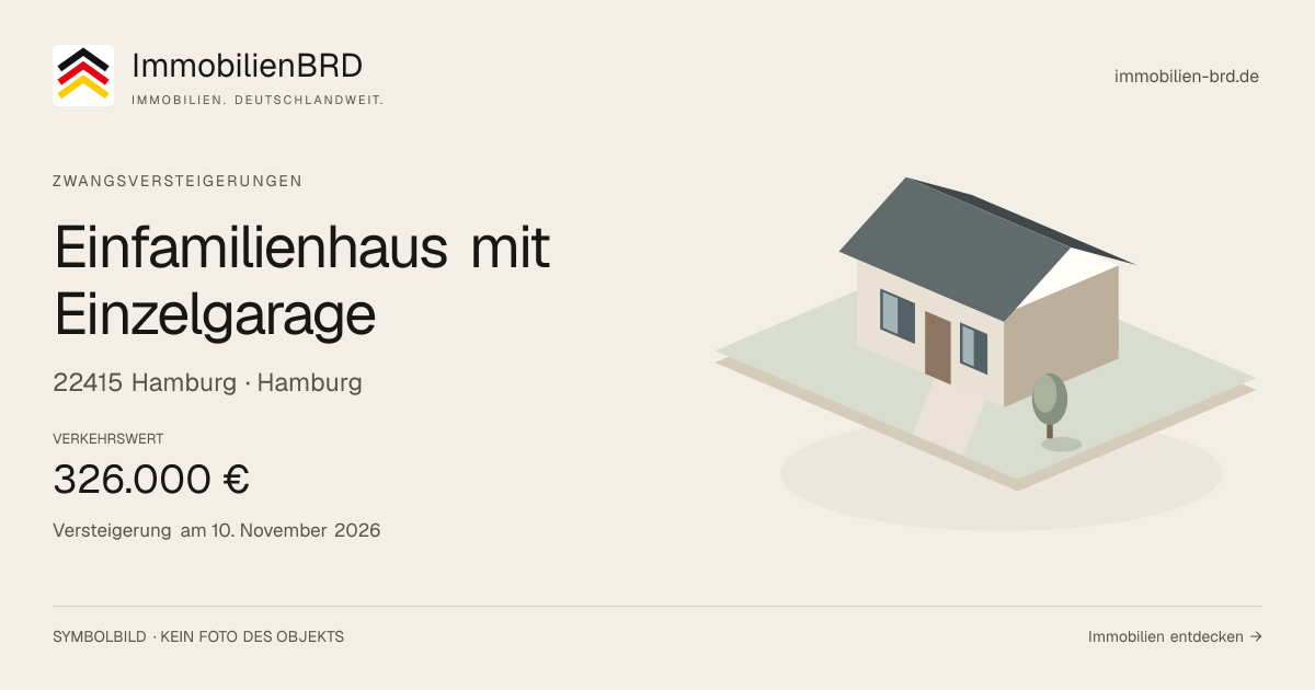 Symbolbild: Einfamilienhaus mit Einzelgarage in Hamburg — Zwangsversteigerung, kein Foto des Objekts