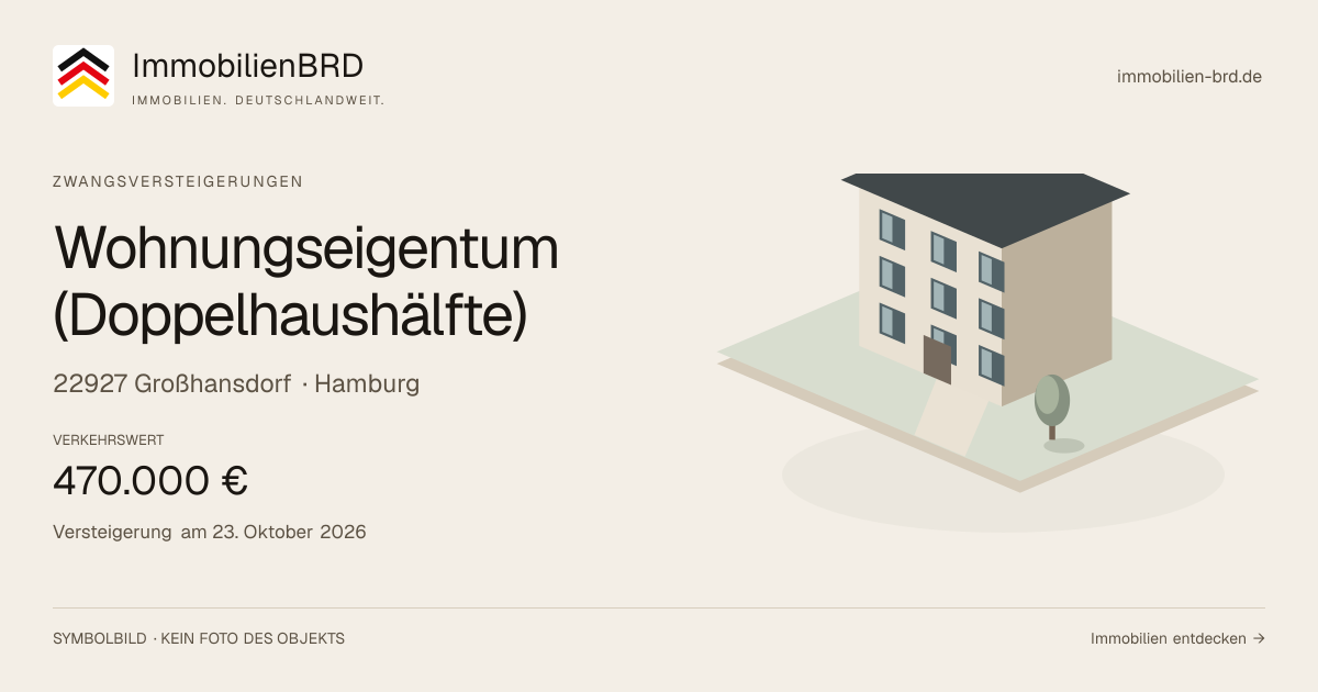 Symbolbild: Wohnungseigentum (Doppelhaushälfte) in Großhansdorf — Zwangsversteigerung, kein Foto des Objekts