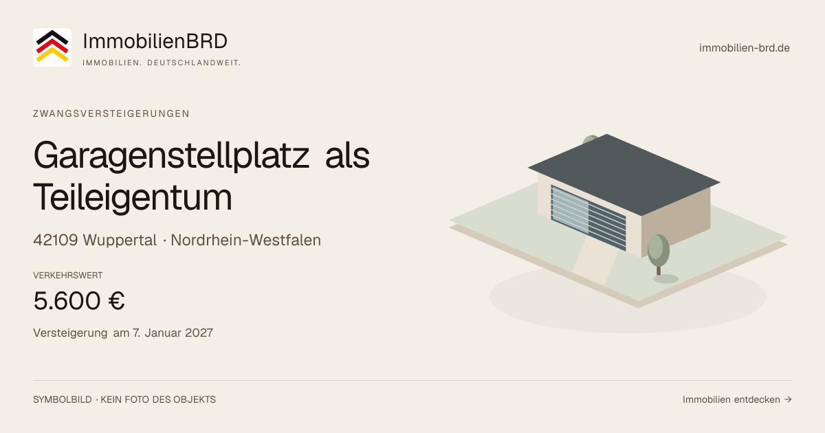 Symbolbild: Garagenstellplatz als Teileigentum in Wuppertal — Zwangsversteigerung, kein Foto des Objekts