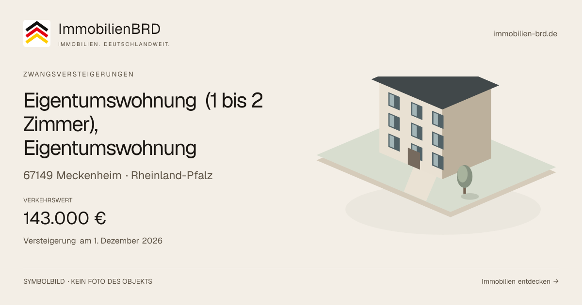 Symbolbild: Eigentumswohnung (1 bis 2 Zimmer), Eigentumswohnung in Meckenheim — Zwangsversteigerung, kein Foto des Objekts