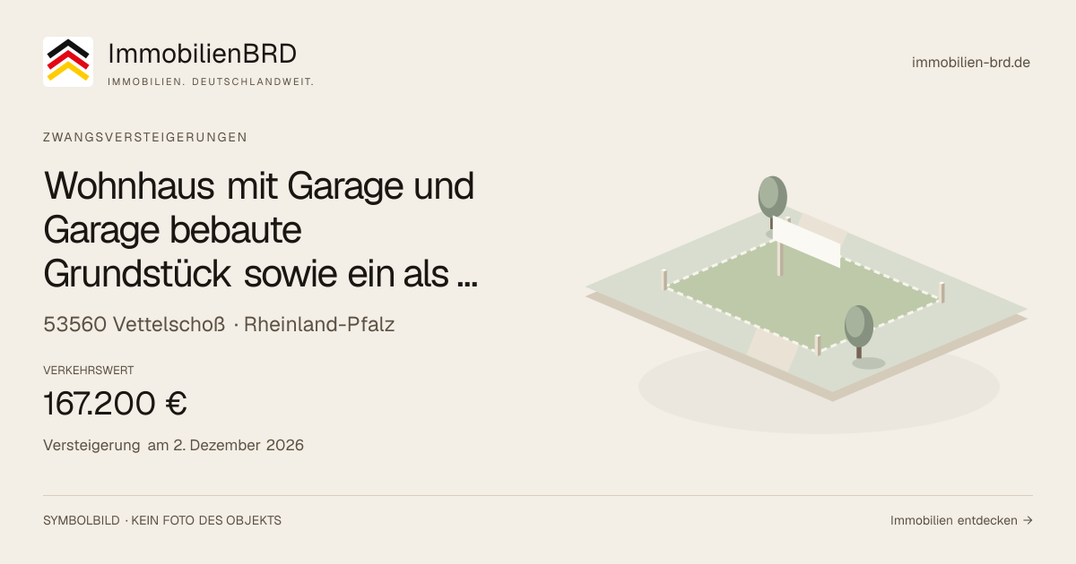 Symbolbild: Wohnhaus mit Garage und Garage bebaute Grundstück sowie ein als Garten genutztes Grundstück in Vettelschoß — Zwangsversteigerung, kein Foto des Objekts