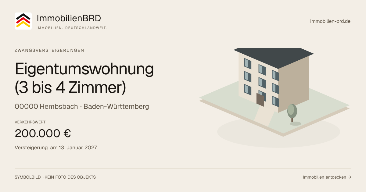 Symbolbild: Eigentumswohnung (3 bis 4 Zimmer) in Hembsbach — Zwangsversteigerung, kein Foto des Objekts